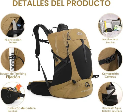 Miniatura 3 de IX INOXTO Mochila de senderismo, 26L/40L, impermeable, con vejiga de agua de 3 litros y cubierta de lluvia, ligera para viajes y campamento, Verde