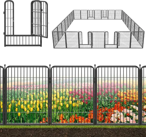 Miniatura 23 de Valla decorativa de metal negro para jardín con puerta, 82 pies de largo, 32 pulgadas de alto, 36 paneles de valla sin excavación, valla de barrera