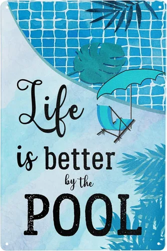 Cartel de hojalata Life is Better by The Pool, reglas de la piscina, letrero de hojalata vintage para piscina, patio, decoración de pared de piscina