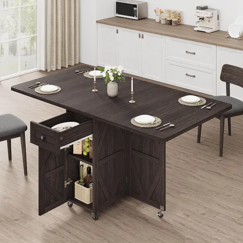 Miniatura 10 de Jocoevol Mesa de comedor plegable ahorradora de espacio para 4, mesa de comedor plegable estilo granja con cajón y estante de almacenamiento de 2