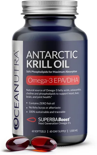Aceite de Krill Orgánico 100% Puro 1000mg, 60 Días, Omega 3, Concentración Más Alta 56% Fosfolípidos, Capturado Silvestre, SuperbaBoost Antártico