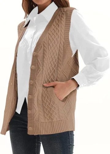 Miniatura 2 de Suéter de punto para mujer, cuello en V, sin mangas, cárdigan con botones, suéter con bolsillo