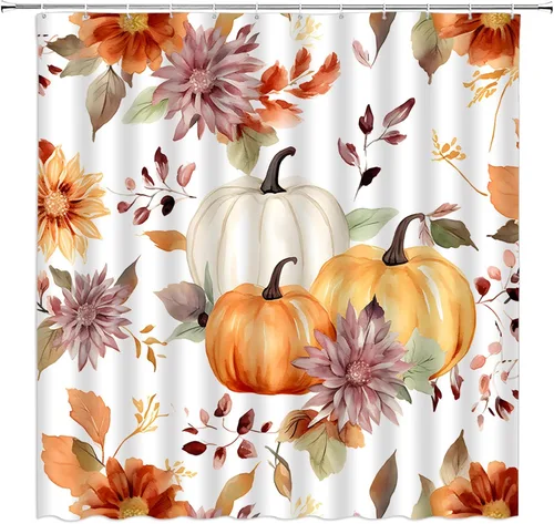 Miniatura 2 de Cortina de ducha de calabaza bohemia con acuarela, hojas florales, rústico, otoño, cosecha, granja, temporada, decoración de baño, juegos de baño
