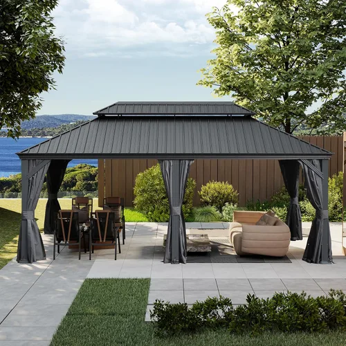 Miniatura 50 de Domi - Cenador de techo rígido de 8 x 8 pies con malla y cortinas, cenador para exteriores con techo doble de acero galvanizado para patio, césped