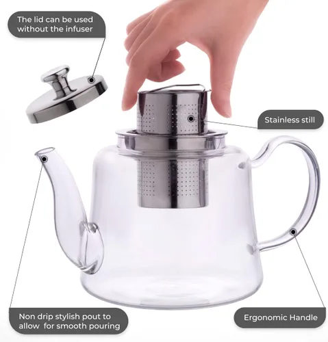 Miniatura 3 de Aserson Tetera de vidrio de 37.2 fl oz/37 oz, resistente al calor, infusor de acero inoxidable, hecha a mano, cafetera de té de hojas, vidrio
