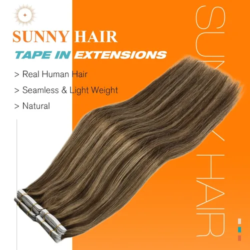 Miniatura 2 de Sunny Hair - Extensiones de cabello humano real para mujer, con cinta adhesiva invisible, Remy, color castaño oscuro con reflejos de color rubio