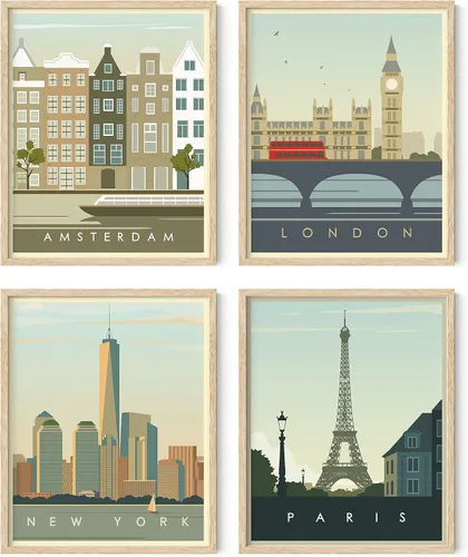 Miniatura 11 de HAUS AND HUES Pósteres de viaje vintage de ciudad, juego de 4 pósteres de viaje de Londres, impresión de Nueva York, póster de pared de París y Sin