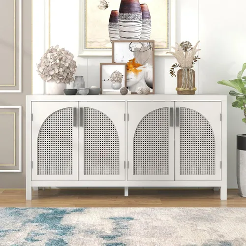 Miniatura 12 de Aparador de madera con puerta de ratán artificial y asas de metal, 4 puertas y estante ajustable, mesa de consola para comedor, sala de estar