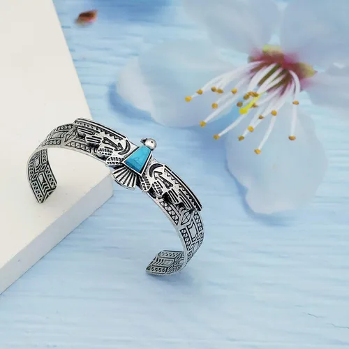 Miniatura 3 de RechicGu Vintage Tribal Southwest Turquía águila tallada piedra azul vaquera azteca vaquera nativa americana brazalete abierto brazalete brazalete