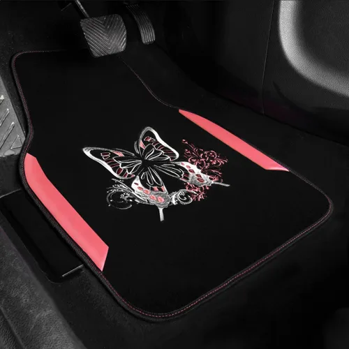 Miniatura 2 de CAR Pass Tapetes bordados de mariposa para automóvil, tapete de cuero rosa con almohadilla para el talón para mujeres lindas, ajuste universal