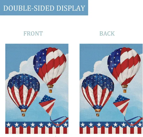 Miniatura 5 de Bandera de jardín con globos aerostáticos del 4 de julio, estrellas y rayas rojas azul marino, 12.5 x 18 pulgadas, bandera estadounidense de doble