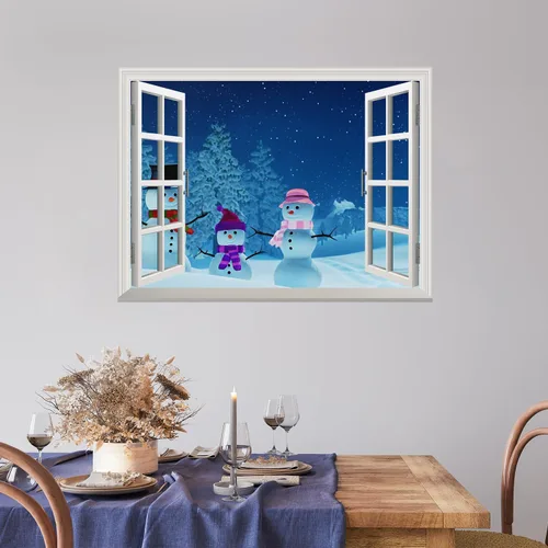 Miniatura 3 de wall26 Adhesivo de pared removible/mural de dibujos animados de muñecos de nieve fuera de la ventana en Nochebuena, adhesivo mural de pared