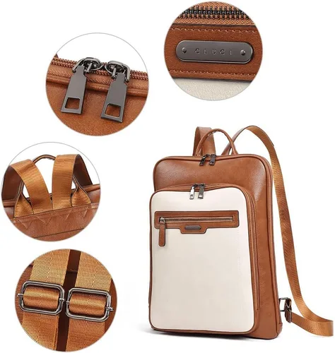 Miniatura 5 de CLUCI Mochila de cuero para computadora portátil de 15.6 pulgadas para mujer, mochila grande de viaje para negocios, trabajo, color blanco roto