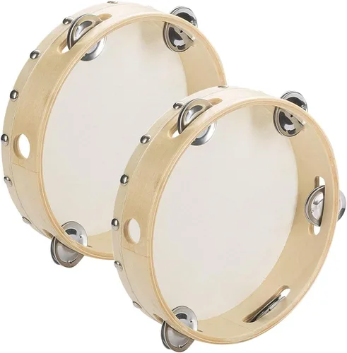 Tosnail Paquete de 2 unidades de tambor de mano de pandereta de madera de 7 pulgadas, una fila 5 pares de jingles de metal, instrumentos musicales
