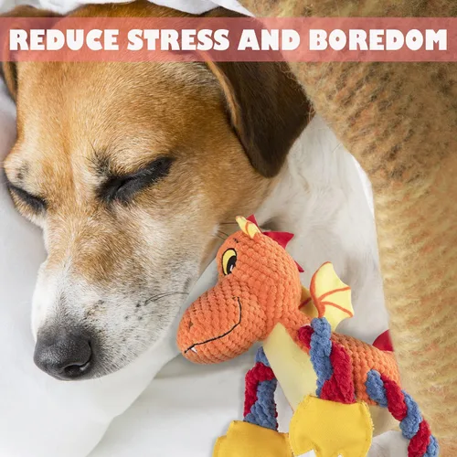 Miniatura 5 de GOOLA Juguetes Chirriantes para Perros, Lindo Dragón Interactivo de Peluche Relleno con 5 Chirriadores y Papel Arrugado, Juguete Masticable