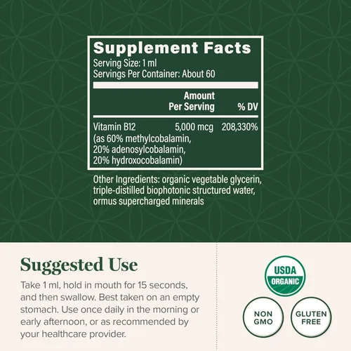 Miniatura 3 de Global Healing - Vitamina B12 Orgánica 5000 MCG Líquido Sublingual - Metilcobalamina, Mezcla Hidroxo y Más - Gotas Metiladas para Adultos - Vegano
