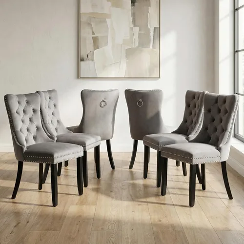 Miniatura 86 de OVENTA Juego de 4 sillas de comedor modernas tapizadas copetudas, terciopelo negro y gris y cuero con patas de madera maciza, sillas de cocina