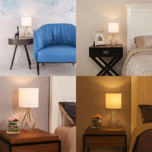 Miniatura 7 de Lámpara de mesa pequeña dorada con base hueca moderna para dormitorio, mesita de noche con base geométrica de metal, pantalla de tela blanca, bonita