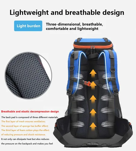 Miniatura 6 de Bseash - Mochila de 60 l para senderismo y campamento con cubierta contra la lluvia, mochila impermeable de gran capacidad para deportes al aire