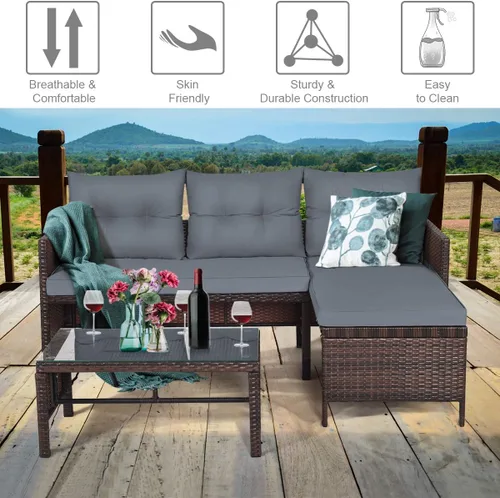 Miniatura 7 de COSTWAY Juego de muebles de patio de 3 piezas, sofá seccional de mimbre para exteriores con cojines y mesa de centro de vidrio templado para Gery