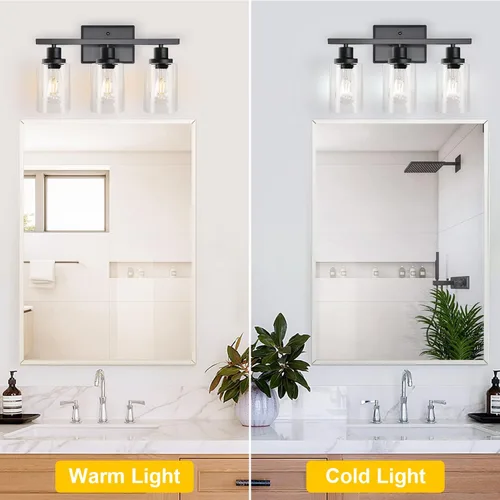 Miniatura 4 de Ascher Lámparas de Vanidad de Baño, 3 Apliques de Pared de Luz con Pantalla de Vidrio Transparente, Luces de Pared Negras para Espejo, Cocina, Sala