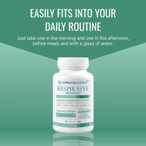 Miniatura 7 de Approved Science® Respirasyl - Soporte pulmonar y respiratorio - con Quercefit, vitaminas A, C, D, BioPerine - 60 cápsulas - Hecho en los Estados