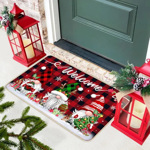 Miniatura 6 de TREWAVE Tapete Decorativo de Bienvenida Navideño Tapete de Puerta con Gnomo Navideño Base Antideslizante de Goma Tapete de Piso Estacional