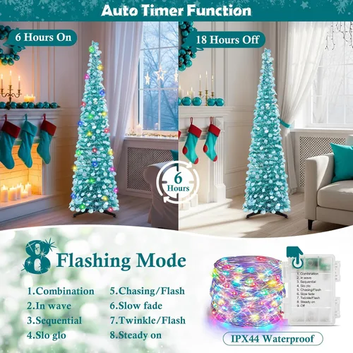 Miniatura 5 de MACTING Árbol de Navidad desplegable con 50 luces LED con temporizador, 5 pies, árbol de lápiz de oropel plegable de fácil montaje, árbol artificial