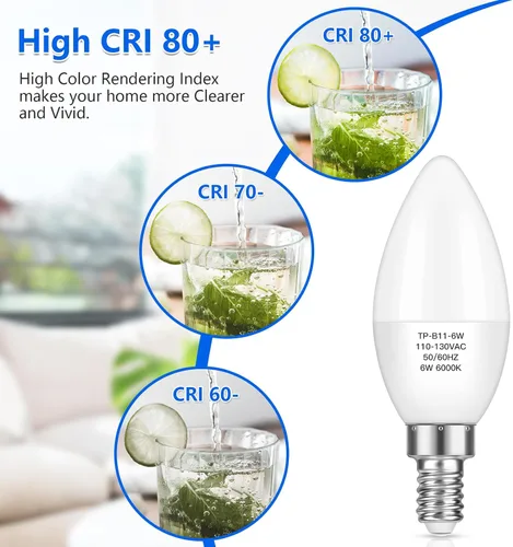 Miniatura 6 de MAXvolador Paquete de 12 bombillas LED para candelabro E12 equivalente a 60 W, 6 W 600 LM, luz blanca fría de 6000 K, base de lámpara de vela B11
