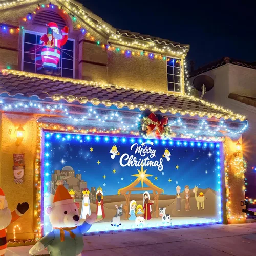 Miniatura 5 de Ganeen 6.4x16 pies de luz de cadena LED 2025 para puerta de garaje de Navidad, gran decoración rústica para puerta de garaje de Navidad, cubierta