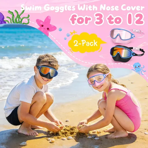 Miniatura 2 de VegoVia Paquete de 2 gafas de natación para niños con cubierta para la nariz, gafas de natación antivaho con protección UV para niños y jóvenes de 3