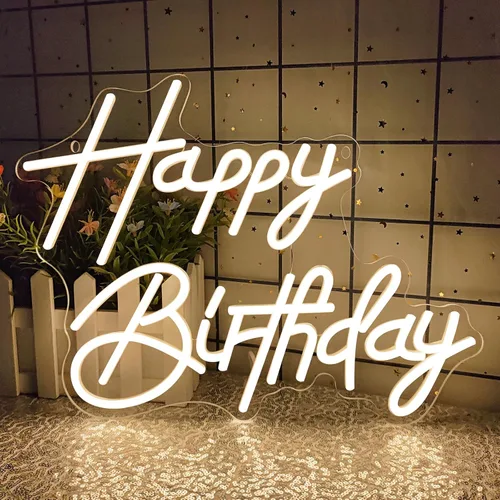Miniatura 8 de Letreros de neón de feliz cumpleaños para decoración de fiesta, luz de neón de cumpleaños LED regulable para decoración de pared, letreros de neón