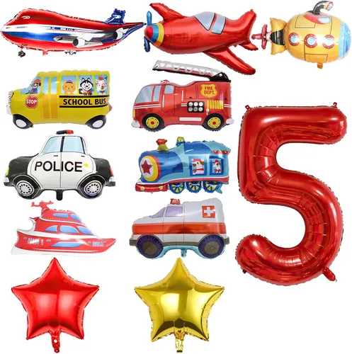 12 globos de transporte, camión, avión, autobús escolar, camión de bomberos, coche de policía, barco, ambulancia, submarino, globos de aluminio,
