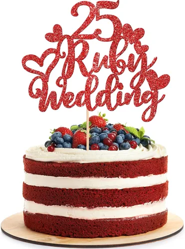1 pieza de decoración de pastel de boda con 25 rubíes, rojo brillante, 25 años de rubí, decoración para pastel de feliz 25 aniversario, boda,