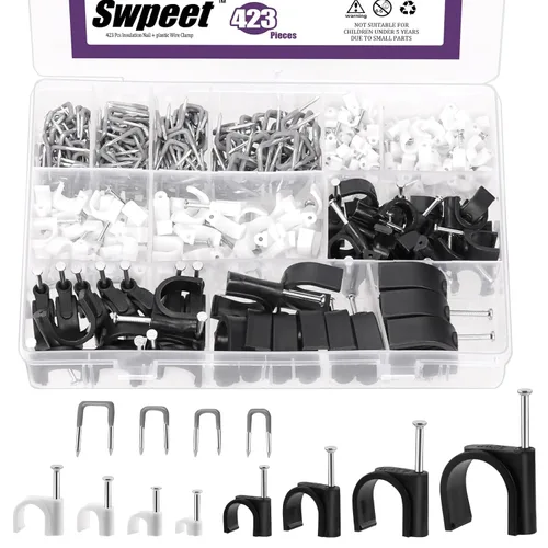 Swpeet 423 clips de cable de 8 tamaños de 0.157 in a 0.984 in con clavo de acero y 4 tamaños de 0.31 pulgadas, 0.4 pulgadas, 0.47 pulgadas, 0.59