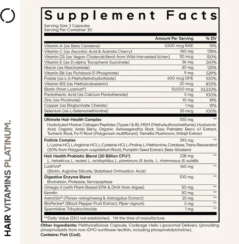 Miniatura 2 de Codeage Vitaminas Capilares Platino, Lustriva, Biotina, Queratina, 90 Cápsulas Vitaminas Capilares Cápsulas de Platino con Lustriva, Biotina