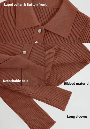 Miniatura 6 de Lynwitkui Vestido de suéter acanalado de manga larga con cuello en V para mujer, con botones y lazo en la cintura