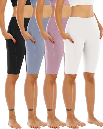 Miniatura 20 de WHOUARE Paquete de 4 pantalones cortos de yoga con bolsillos para mujer, cintura alta, atléticos, correr, entrenamiento, gimnasio, control de abdomen
