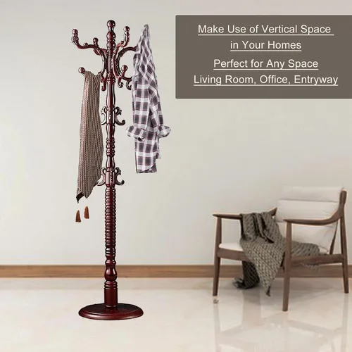 Miniatura 2 de Perchero independiente, soporte de madera con 14 ganchos, fácil montaje con base de disco estable para dormitorio, pasillo, oficina de entrada