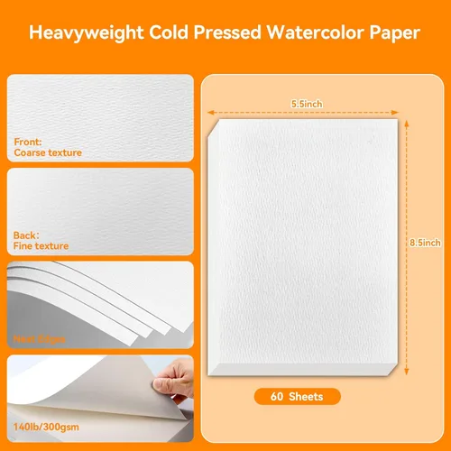 Miniatura 2 de XWT 60 hojas de papel de acuarela a granel, 5.5 x 8.5 pulgadas, 140 libras/300 gsm, prensado en frío, sin ácido, blanco natural, texturizado