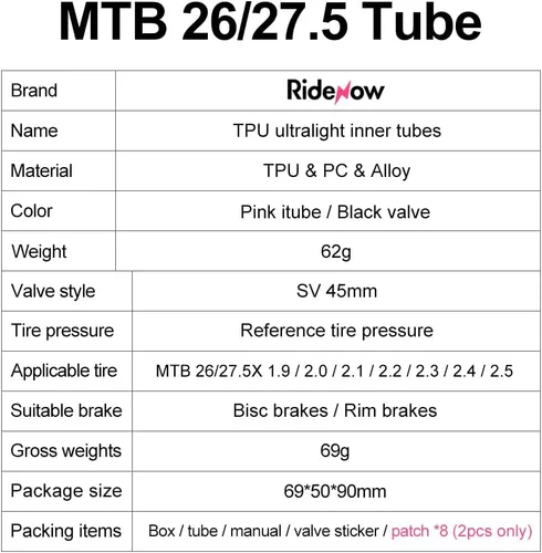 Miniatura 7 de 2-Pack RideNow 700C x 18-32C / 32-47C (ALLRoad & Gravel) / MTB27.5 inch x 1.9-2.5 TPU Inner Tubes with 45mm Presta Valves Lightweight