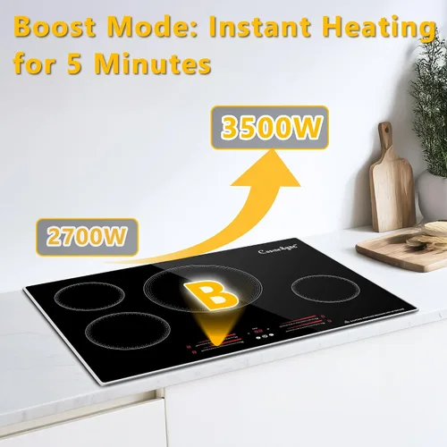 Miniatura 4 de Placa de inducción de 30 pulgadas, placa de cocina eléctrica de 4 quemadores con 9 niveles de potencia, control táctil, temporizador, bloqueo