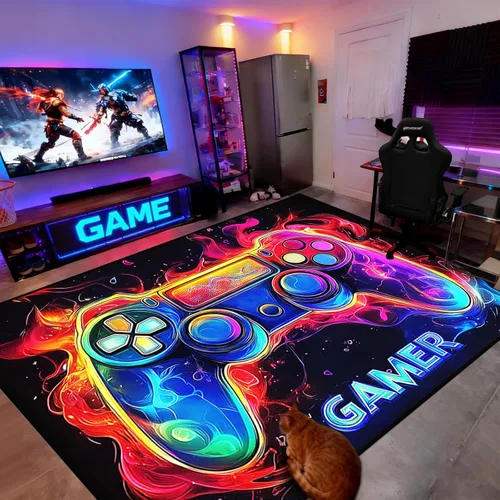 Miniatura 10 de Alfombra de juegos para habitación de niños - Alfombra de área amarilla temática de juegos para dormitorio de niños, decoración de habitación