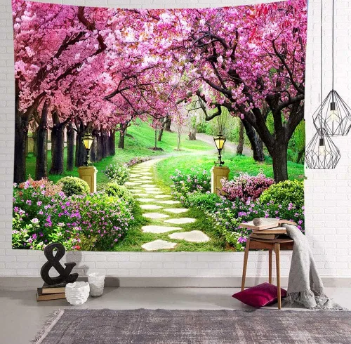 Miniatura 9 de Tapiz japonés de flores de cerezo para ventana, camino de bosque de árboles, flores rosas, botánico, floral, paisaje natural, estético para sala