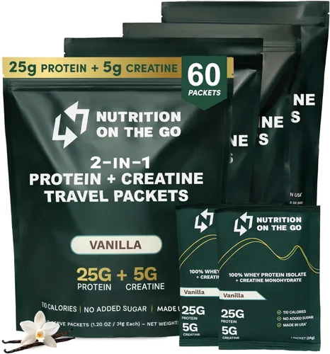 Miniatura 10 de Nutrition On The Go Paquetes aislados de proteína de suero con creatina, 0.88 oz de proteína + 0.18 oz de creatina, proteína de viaje en polvo