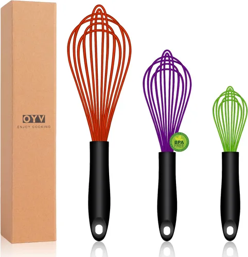 Miniatura 8 de OYV Batidor de silicona colorido apto para lavavajillas, diseño sellado impermeable, juego de 3, batidores de cocina profesionales para cocinar