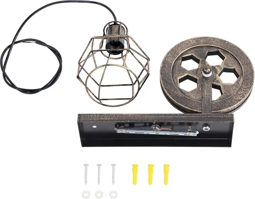 Miniatura 9 de 1 Luminaria Industrial de Mediados de Siglo Retro de Hierro para Pared con Polea Elevadora, Lámpara de Pared que Presenta Pantalla de Jaula