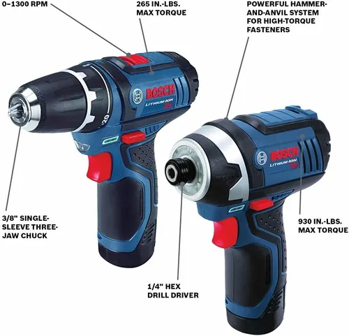 Miniatura 3 de Bosch CLPK22 – 120 - Kit combo de 2 herramientas (taladro/ desarmador y armador de impacto) con 2 baterías de iones de litio 12 -V, cargador