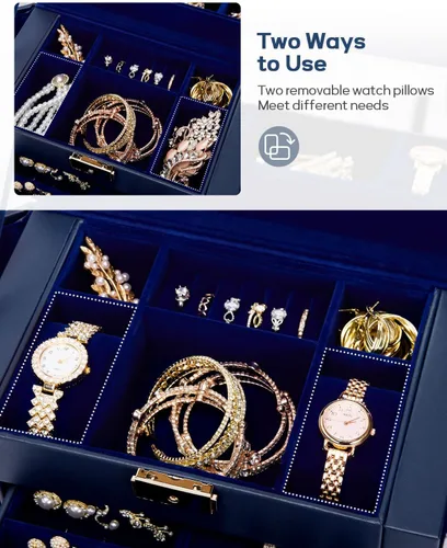 Miniatura 58 de Homde Regalos de Navidad de cuero sintético, enorme joyero, organizador de reloj con espejo, collar, anillo y aretes, estuche de regalo con Dorado