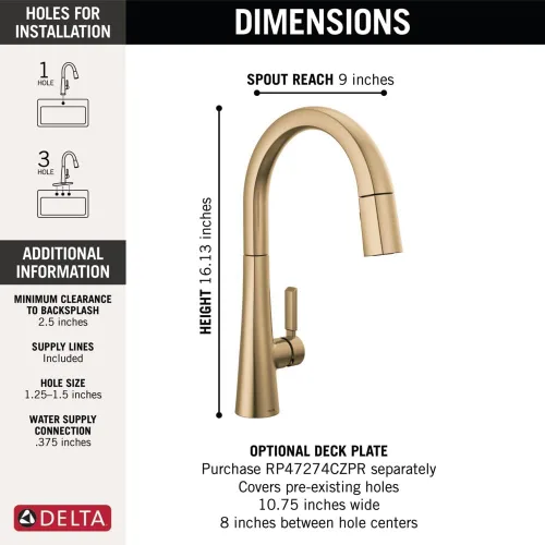 Miniatura 4 de Delta Grifo Monrovia Dorado para cocina, grifos de cocina con rociador desplegable, grifo de fregadero de cocina, grifo dorado para fregadero